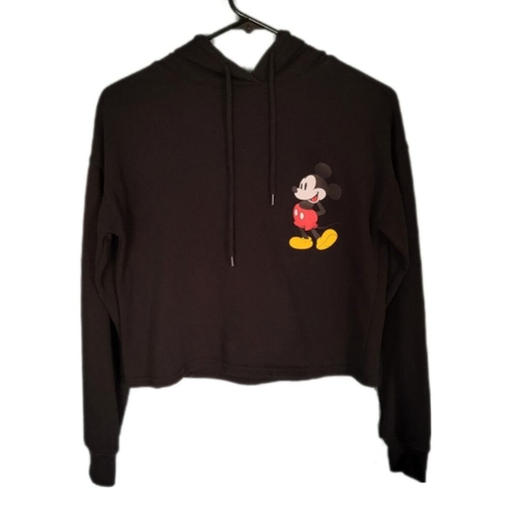 Disney Mickey Mouse Black Cozy Cropped Long Sleeve Hoodie Sweatshirt sz XS